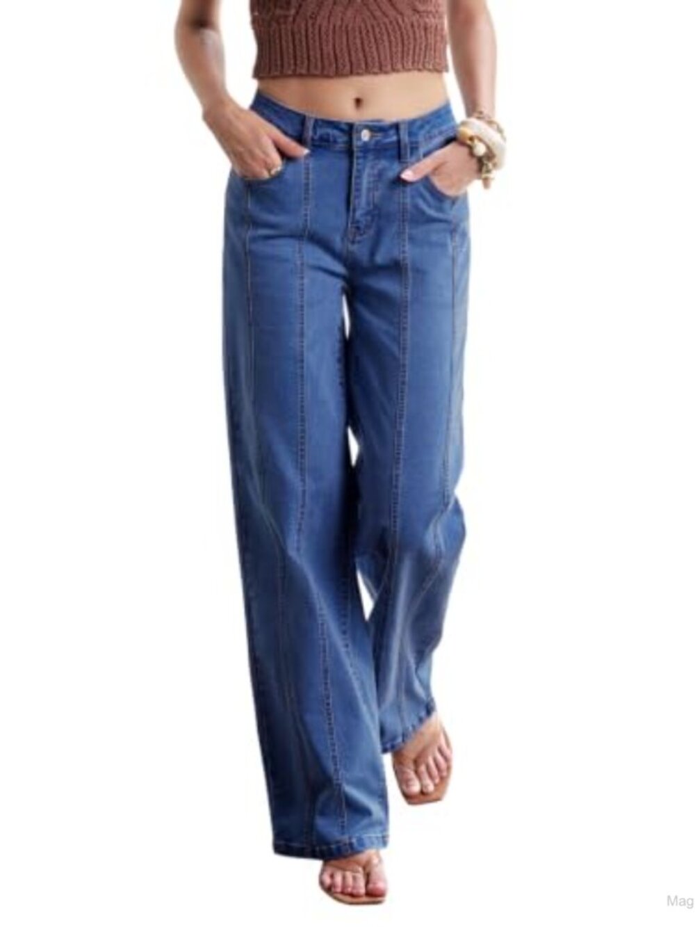 High Waisted Wide Leg Stretchy Jeans with Contrast Panel Seams
